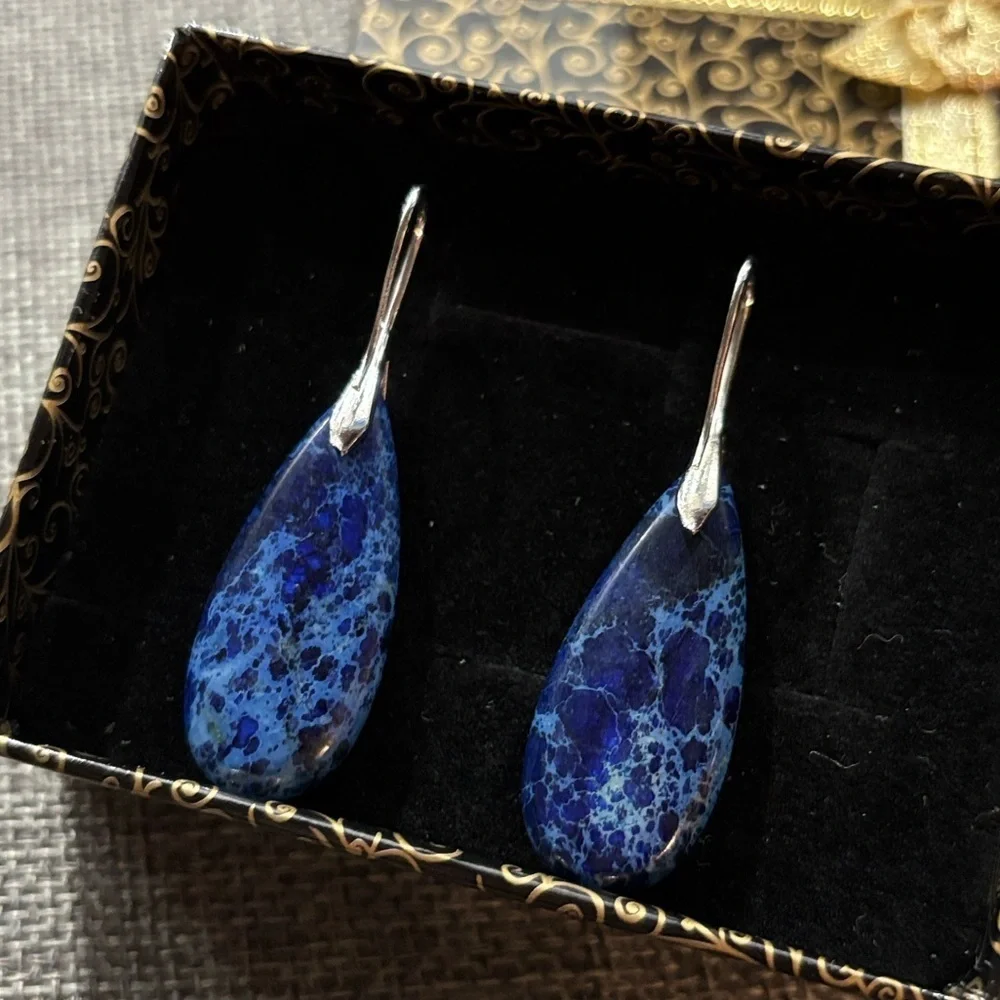 Blue Jasper Natural Gemstone Pendant Teardrop Earrings Silver Handmade Healing